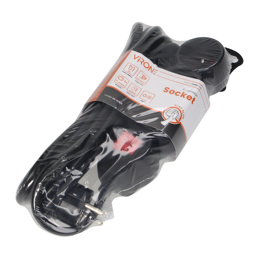 Przedłużacz 3-krotny 2P+Z, z wyłącznikiem, 5m H05VV-F 3x1,5mm2, Imax=16A, płaska wtyczka, czarny