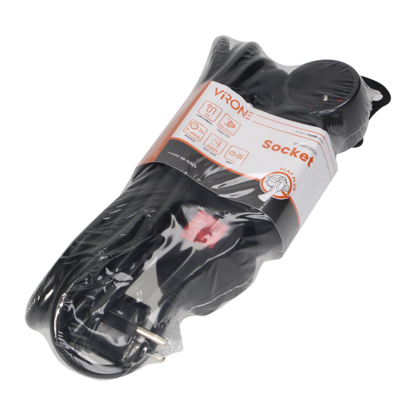 Przedłużacz 3-krotny 2P+Z, z wyłącznikiem, 5m H05VV-F 3x1,5mm2, Imax=16A, płaska wtyczka, czarny Przedłużacz 3-krotny 2P+Z, z wyłącznikiem, 5m H05VV-F 3x1,5mm2, Imax=16A, płaska wtyczka, czarny