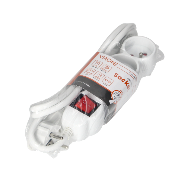 Extension sockets 3x 2P+E with a switch, 1.5m  H05VV-F 3x1.5mm2, Imax 16A, white