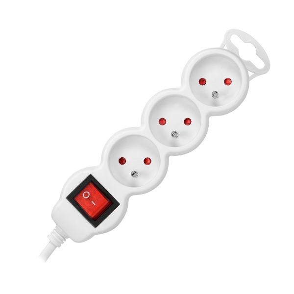 Extension socket 3x 2P+E with a switch, 3m  H05VV-F 3x1.5mm2, Imax=16A, white Extension socket 3x 2P+E with a switch, 3m  H05VV-F 3x1.5mm2, Imax=16A, white