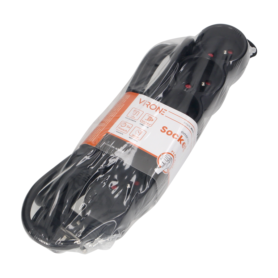 Extension socket 5x 2P+E , 1.5m  H05VV-F 3x1.5mm2, Imax=16A, black