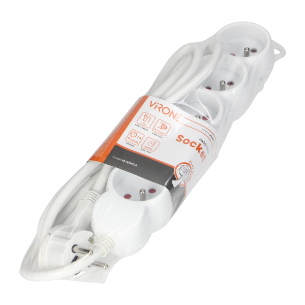 Extension socket 5x 2P+E , 1.5m  H05VV-F 3x1.5mm2, Imax=16A, white Extension socket 5x 2P+E , 1.5m  H05VV-F 3x1.5mm2, Imax=16A, white