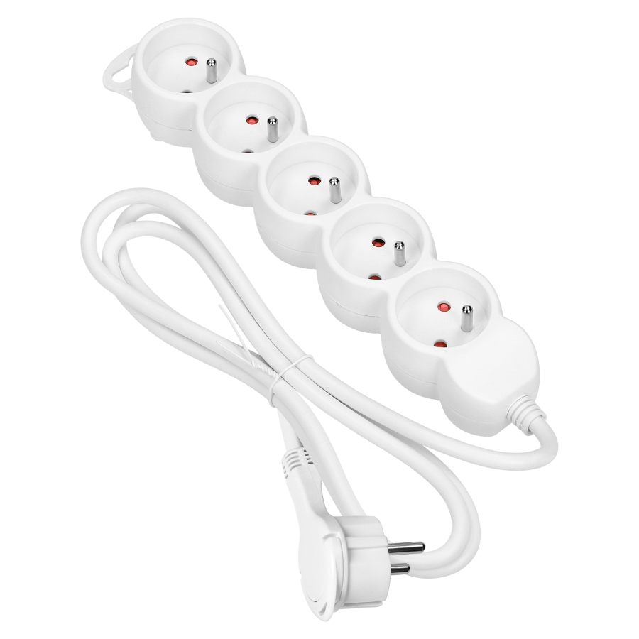 Przedłużacz 5-krotny 2P+Z, 1,5m H05VV-F 3x1,5mm2 , Imax=16A, płaska wtyczka, biały