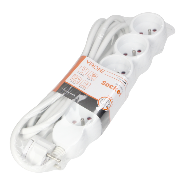 Przedłużacz 5-krotny 2P+Z, 3m H05VV-F 3x1,5mm2, Imax=16A, płaska wtyczka, biały Przedłużacz 5-krotny 2P+Z, 3m H05VV-F 3x1,5mm2, Imax=16A, płaska wtyczka, biały