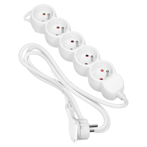 Przedłużacz 5-krotny 2P+Z, 5m H05VV-F 3x1,5mm2, Imax=16A, płaska wtyczka, biały Przedłużacz 5-krotny 2P+Z, 5m H05VV-F 3x1,5mm2, Imax=16A, płaska wtyczka, biały