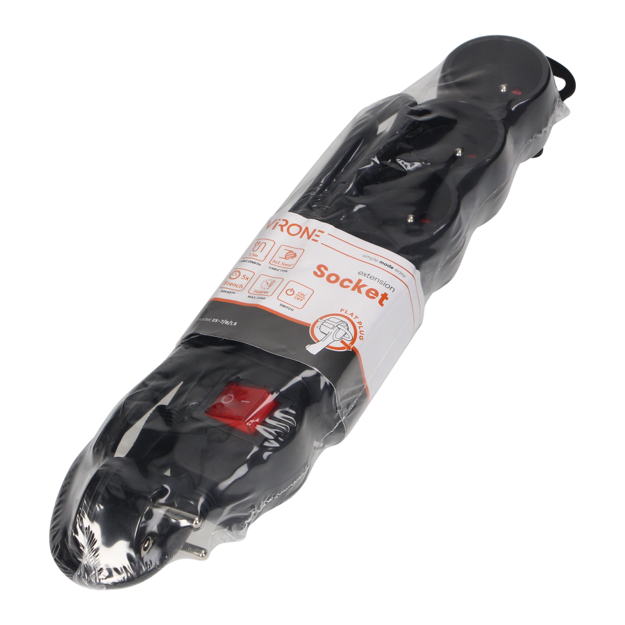 Przedłużacz 5-krotny 2P+Z z wyłącznikiem, 1,5m H05VV-F 3x1,5mm2, Imax=16A, płaska wtyczka, czarny