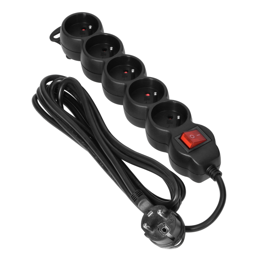 Przedłużacz 5-krotny 2P+Z z wyłącznikiem, 1,5m H05VV-F 3x1,5mm2, Imax=16A, płaska wtyczka, czarny