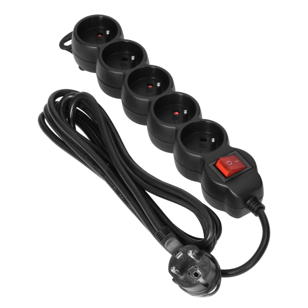 Extension sockets 5x 2P+E with a switch, 1.5m  H05VV-F 3x1.5mm2, Imax 16A, black