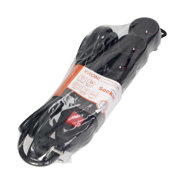 Extension socket 5x 2P+E with a switch, 3m  H05VV-F 3x1.5mm2, Imax=16A, black Extension socket 5x 2P+E with a switch, 3m  H05VV-F 3x1.5mm2, Imax=16A, black