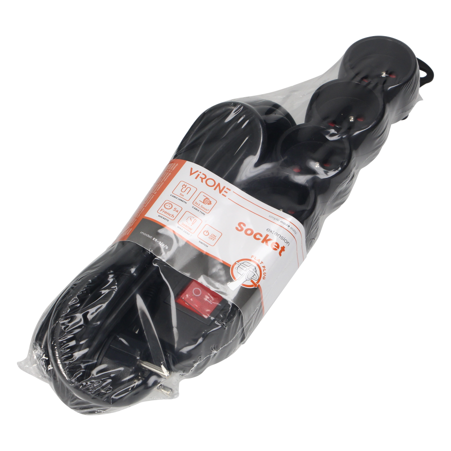 Extension socket 5x 2P+E with a switch, 5m  H05VV-F 3x1.5mm2, Imax=16A, black