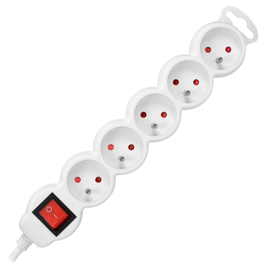 Extension socket 5x 2P+E with a switch, 1.5m  H05VV-F 3x1.5mm2, Imax=16A, white