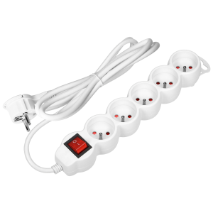Extension socket 5x 2P+E with a switch, 3m H05VV-F 3x1.5mm2, Imax=16A, white