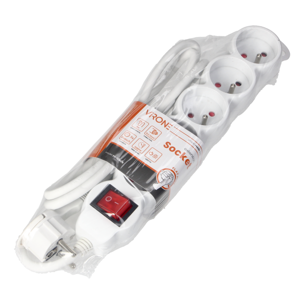 Extension socket 5x 2P+E with a switch, 5m  H05VV-F 3x1.5mm2, Imax=16A, white Extension socket 5x 2P+E with a switch, 5m  H05VV-F 3x1.5mm2, Imax=16A, white