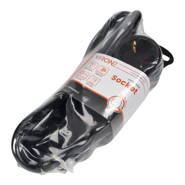 Przedłużacz 3-krotny 2P+Z (Schuko), 1,5m H05VV-F 3x1,5mm2 , Imax=16A, płaska wtyczka, czarny Przedłużacz 3-krotny 2P+Z (Schuko), 1,5m H05VV-F 3x1,5mm2 , Imax=16A, płaska wtyczka, czarny