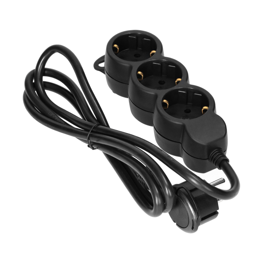 Extension socket 3x 2P+E , 1.5m, Schuko H05VV-F 3x1.5mm2, Imax = 16A, black