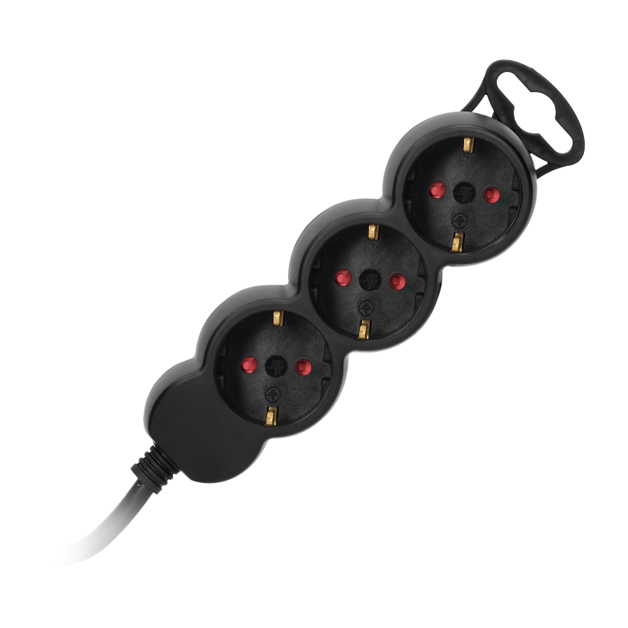 Przedłużacz 3-krotny 2P+Z (Schuko), 1,5m H05VV-F 3x1,5mm2 , Imax=16A, płaska wtyczka, czarny