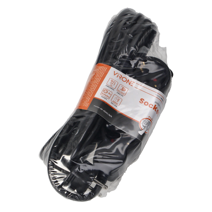 Przedłużacz 3-krotny 2P+Z (Schuko), 5m H05VV-F 3x1,5mm2, Imax=16A, płaska wtyczka, czarny
