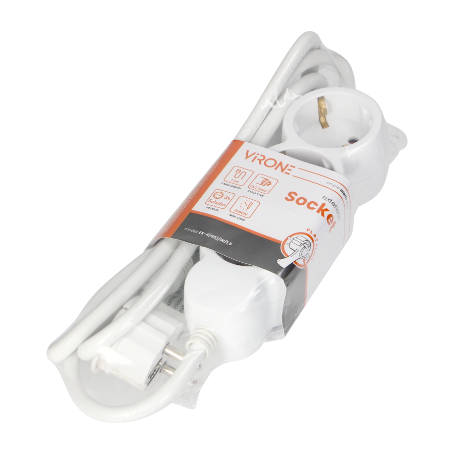 Przedłużacz 3-krotny 2P+Z (Schuko), 1,5m H05VV-F 3x1,5mm2 , Imax 16A, płaska wtyczka, biały
