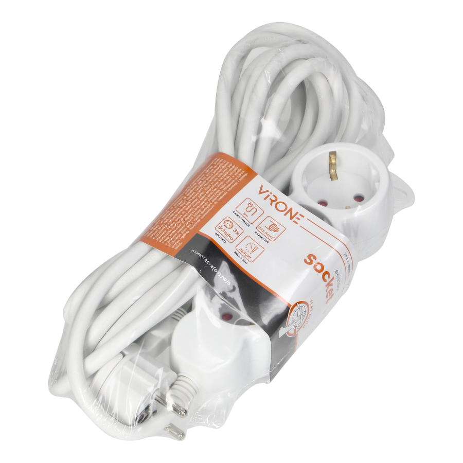 Extension socket 3x 2P+E , Schuko, 5m H05VV-F 3x1.5mm2, Imax = 16A, white