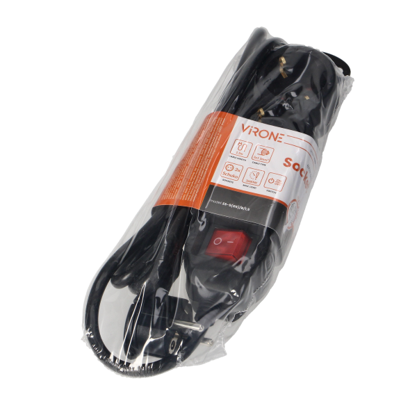 Przedłużacz 3-krotny 2P+Z (Schuko), z wyłącznikiem, 1,5m H05VV-F 3x1,5mm2, Imax=16A, płaska wtyczka, czarny Przedłużacz 3-krotny 2P+Z (Schuko), z wyłącznikiem, 1,5m H05VV-F 3x1,5mm2, Imax=16A, płaska wtyczka, czarny