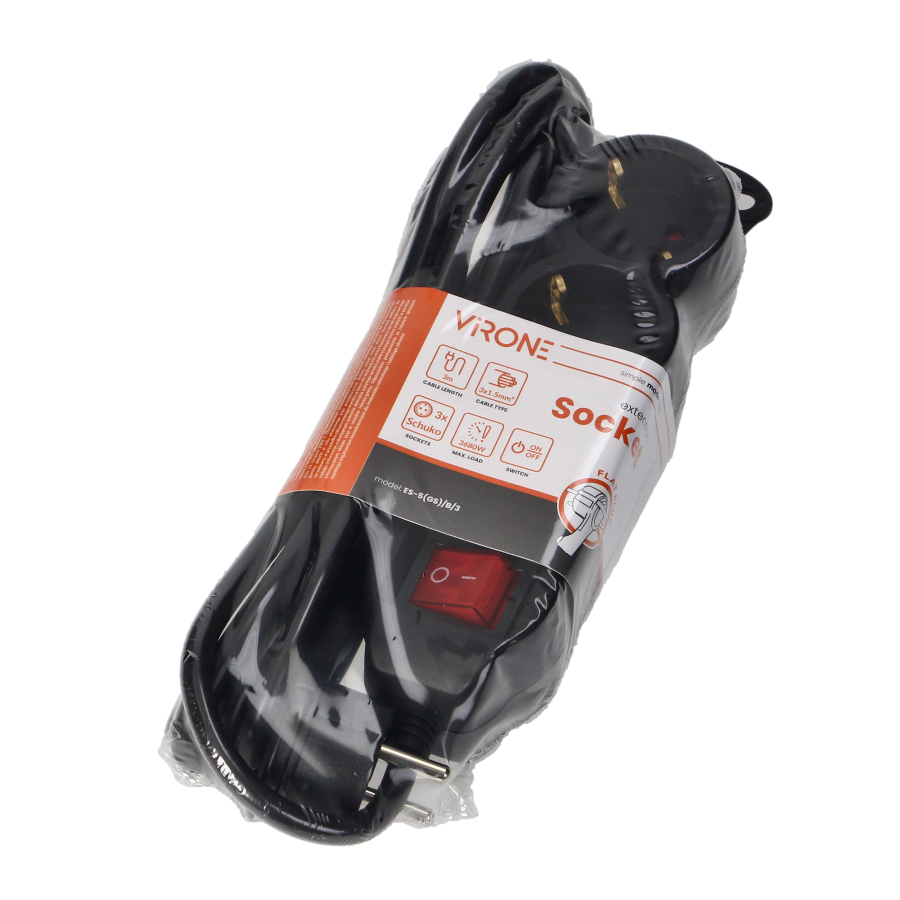 Extension socket 3x 2P+E with a switch, 3m, Schuko H05VV-F 3x1.5mm2, Imax=16A, black