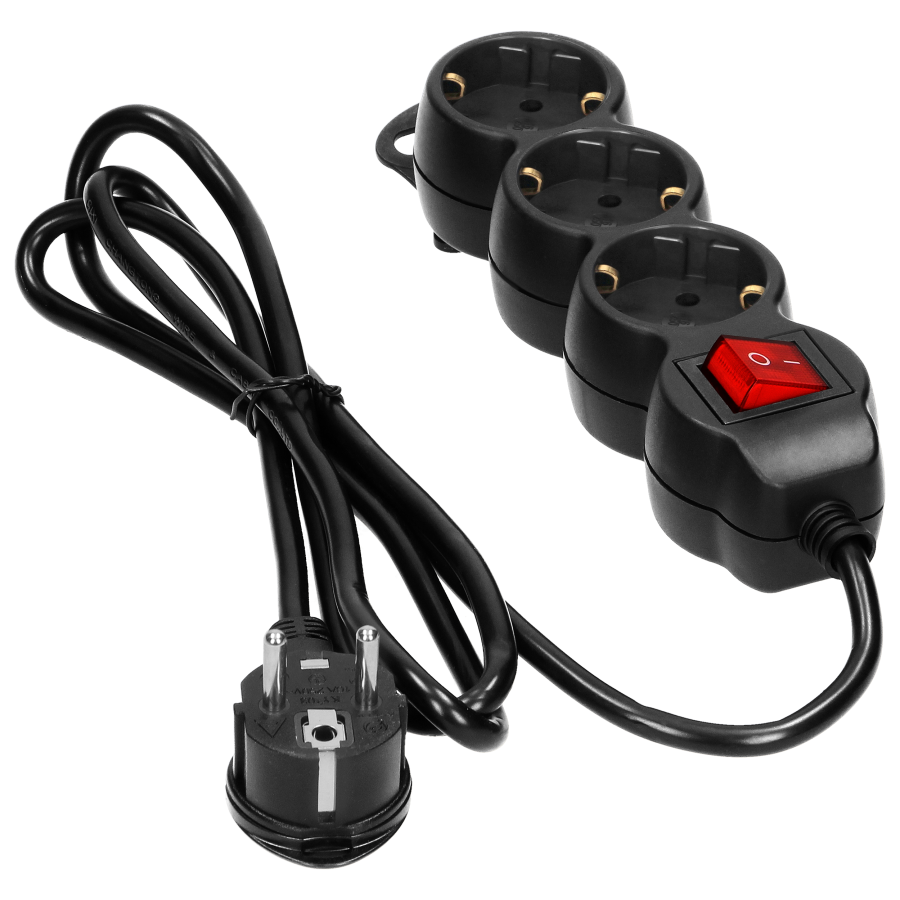Przedłużacz 3-krotny 2P+Z (Schuko) , z wyłącznikiem, 3m H05VV-F 3x1,5mm2, Imax=16A, płaska wtyczka, czarny