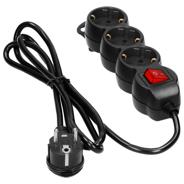 Przedłużacz 3-krotny 2P+Z (Schuko) , z wyłącznikiem, 3m H05VV-F 3x1,5mm2, Imax 16A, płaska wtyczka, czarny