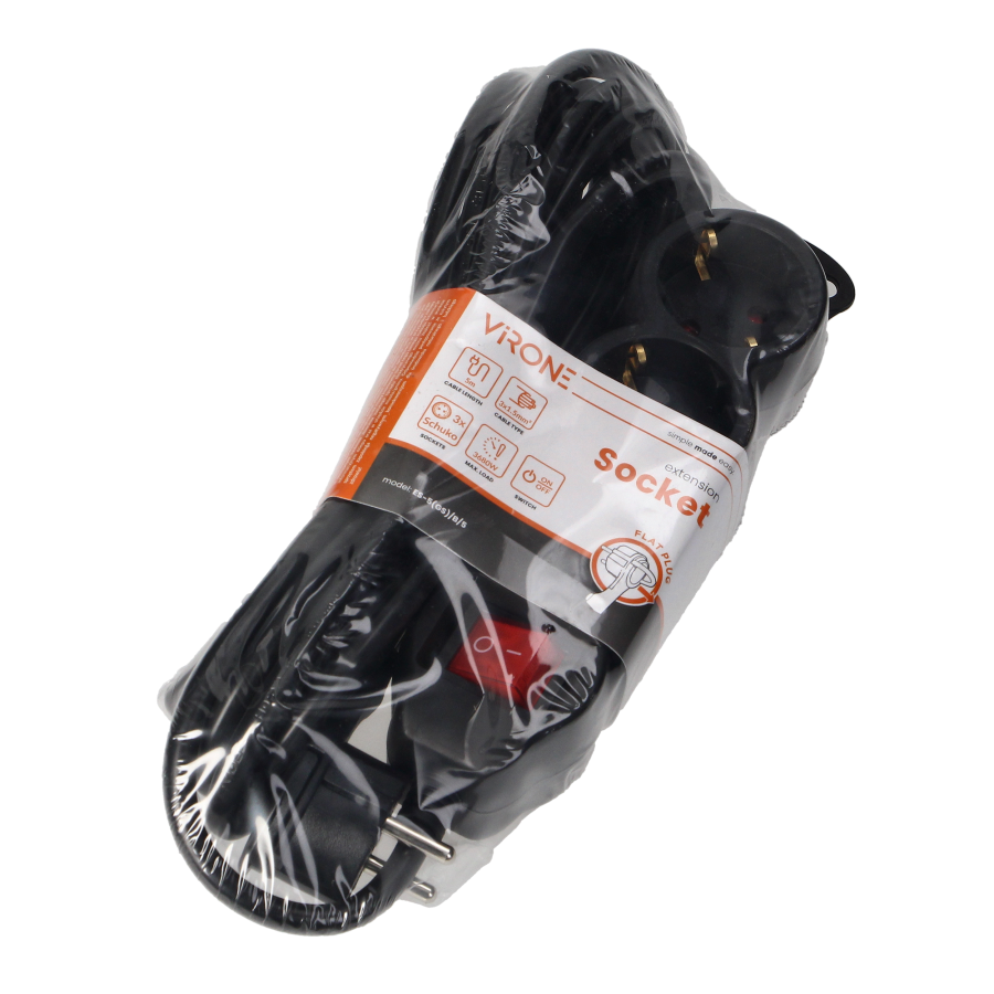 Extension socket 3x 2P+E with a switch, 5m, Schuko H05VV-F 3x1.5mm2, Imax=16A, black