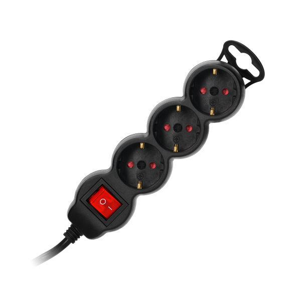 Przedłużacz 3-krotny 2P+Z (Schuko), z wyłącznikiem, 5m H05VV-F 3x1,5mm2, Imax=16A, płaska wtyczka, czarny Przedłużacz 3-krotny 2P+Z (Schuko), z wyłącznikiem, 5m H05VV-F 3x1,5mm2, Imax=16A, płaska wtyczka, czarny