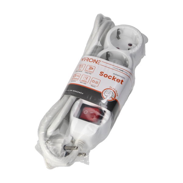 Extension socket 3x 2P+E with a switch, 1.5m, Schuko H05VV-F 3x1.5mm2, Imax=16A, white Extension socket 3x 2P+E with a switch, 1.5m, Schuko H05VV-F 3x1.5mm2, Imax=16A, white