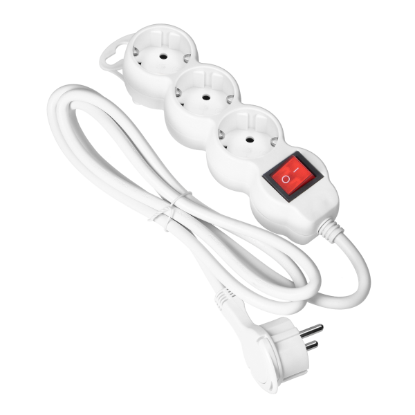 Przedłużacz 3-krotny 2P+Z (Schuko) z wyłącznikiem, 1,5m H05VV-F 3x1,5mm2, Imax=16A, płaska wtyczka, biały Przedłużacz 3-krotny 2P+Z (Schuko) z wyłącznikiem, 1,5m H05VV-F 3x1,5mm2, Imax=16A, płaska wtyczka, biały