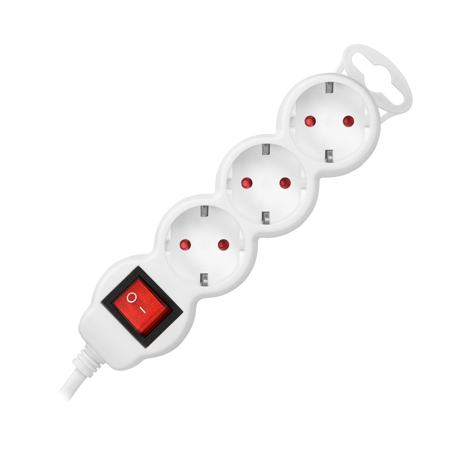 Extension socket 3x 2P+E with a switch, 1.5m, Schuko H05VV-F 3x1.5mm2, Imax=16A, white