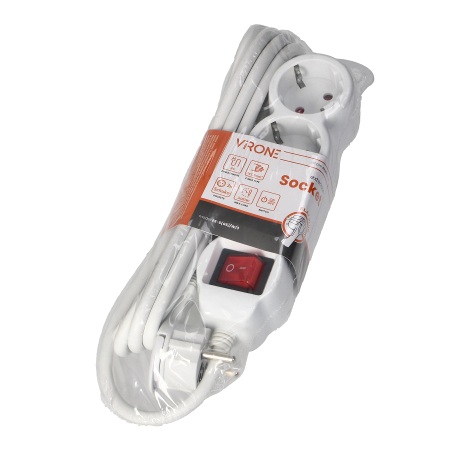 Przedłużacz 3-krotny 2P+Z (Schuko), z wyłącznikiem, 3m H05VV-F 3x1,5mm2, Imax=16A, płaska wtyczka, biały
