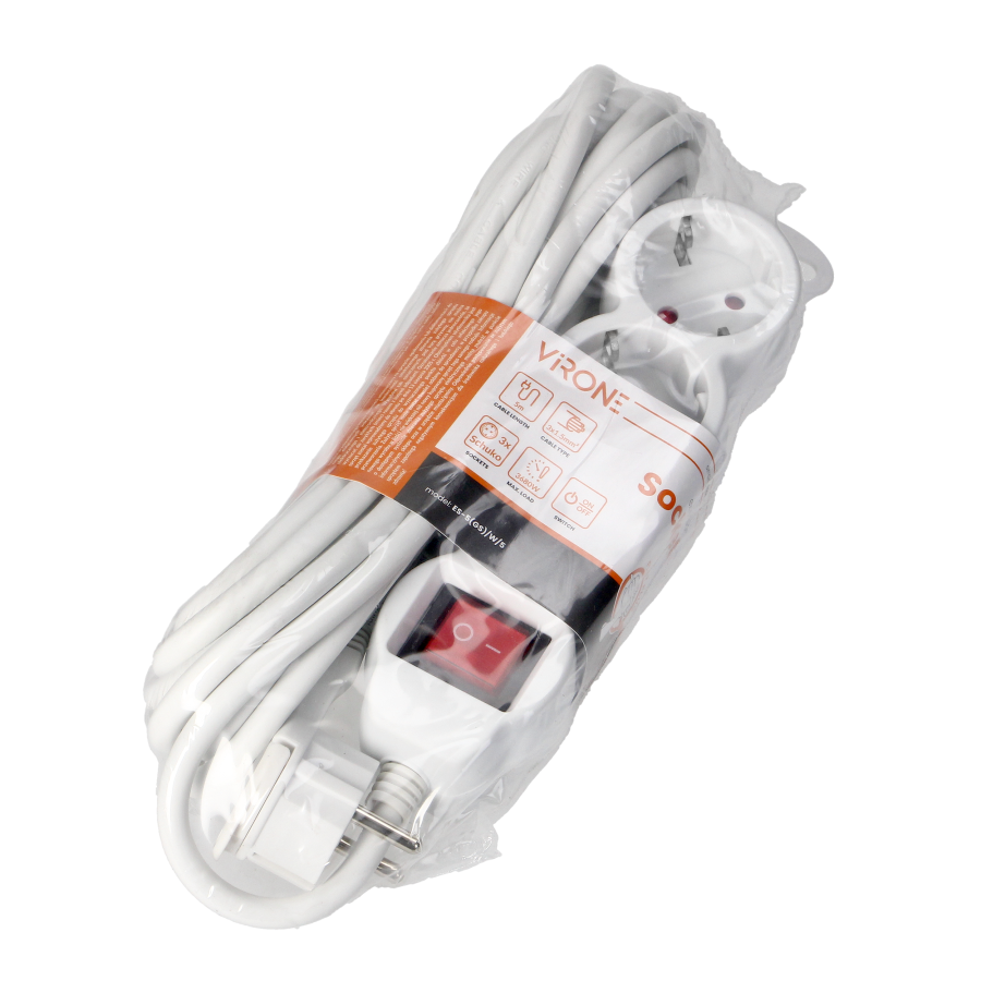 Extension socket 3x 2P+E with a switch, 5m, Schuko H05VV-F 3x1.5mm2, Imax=16A, white