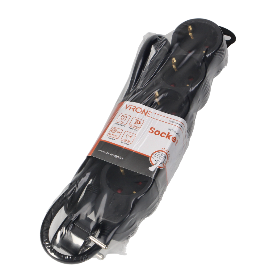 Extension socket 5x 2P+E , 1.5m, Schuko H05VV-F 3x1.5mm2, Imax=16A, black
