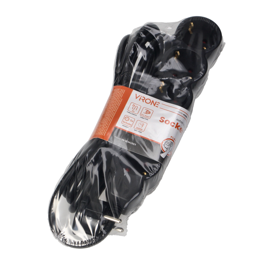 Przedłużacz 5-krotny 2P+Z (Schuko), 3m H05VV-F 3x1,5mm2, Imax=16A, płaska wtyczka, czarny