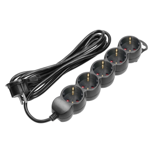 Przedłużacz 5-krotny 2P+Z (Schuko), 5m H05VV-F 3x1,5mm2, Imax=16A, płaska wtyczka, czarny