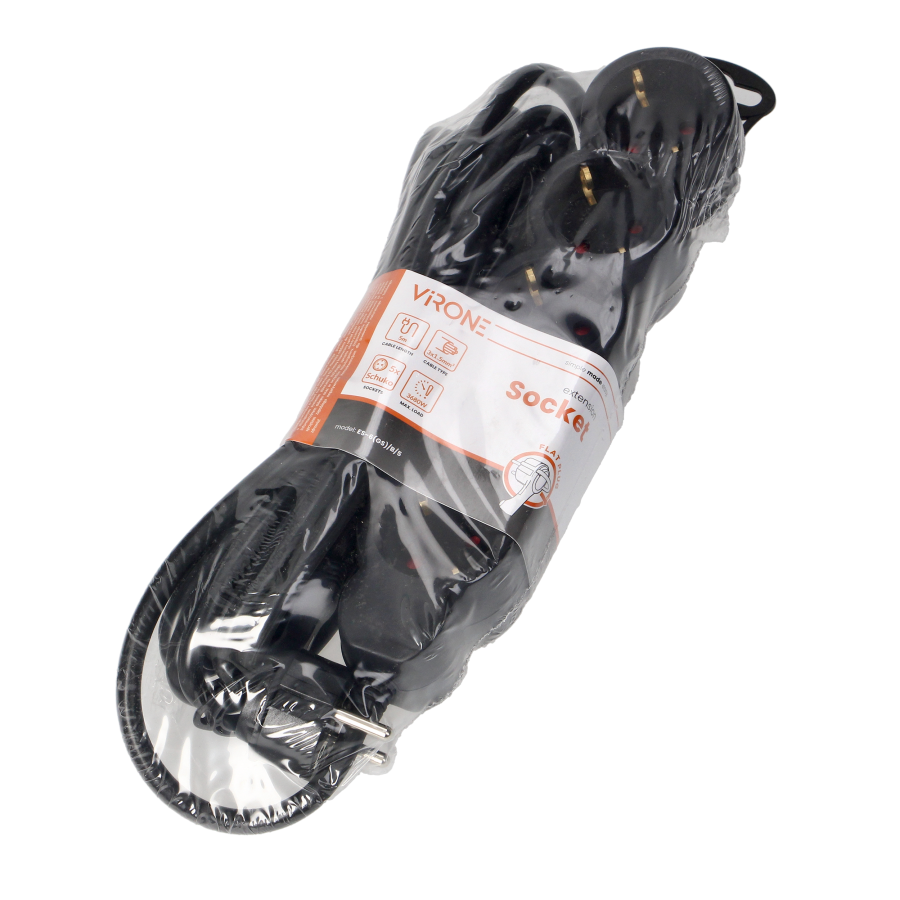 Przedłużacz 5-krotny 2P+Z (Schuko), 5m H05VV-F 3x1,5mm2, Imax=16A, płaska wtyczka, czarny