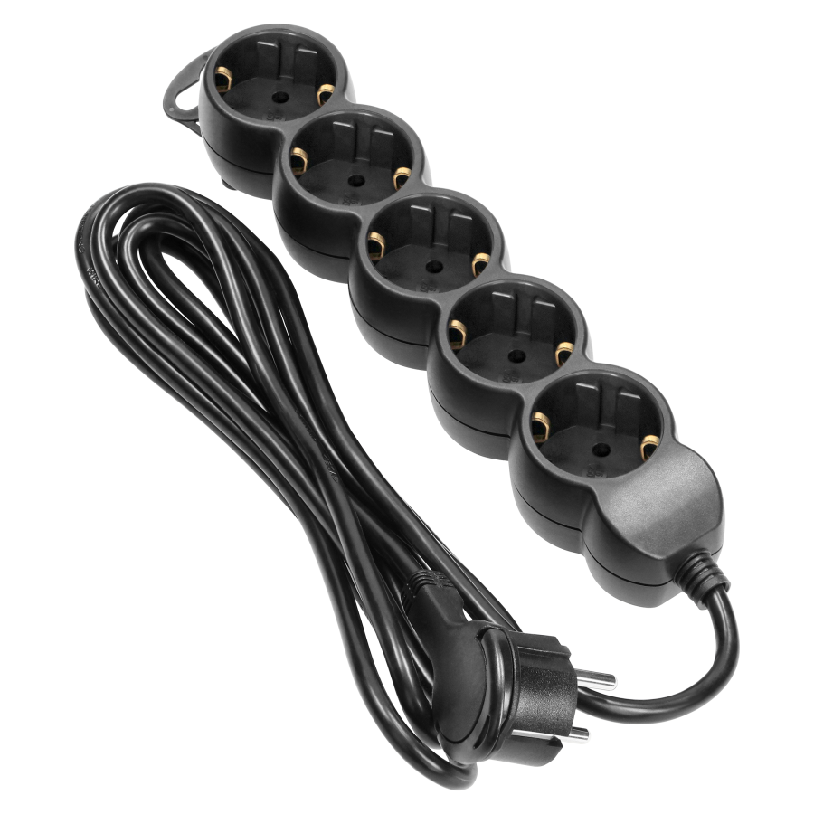 Extension socket 5x 2P+E, 5m, Schuko H05VV-F 3x1.5mm2, Imax=16A, black