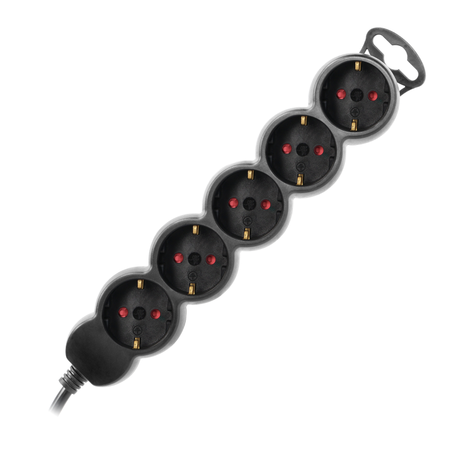 Extension socket 5x 2P+E, 5m, Schuko H05VV-F 3x1.5mm2, Imax=16A, black
