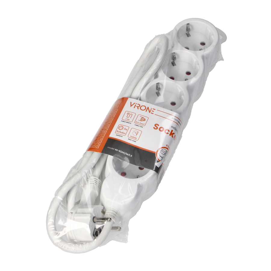 Przedłużacz 5-krotny 2P+Z (Schuko), 1,5m H05VV-F 3x1,5mm2, Imax=16A, płaska wtyczka, biały