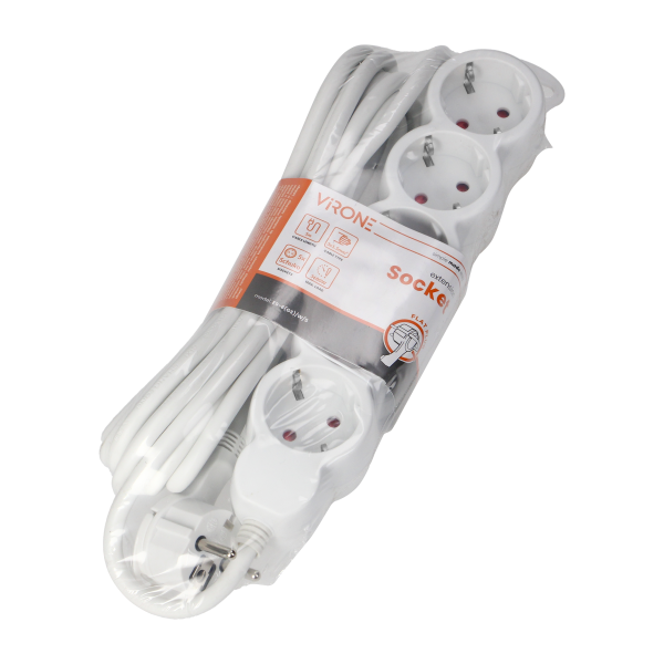 Przedłużacz 5-krotny 2P+Z (Schuko), 5m H05VV-F 3x1,5mm2, Imax=16A, płaska wtyczka, biały Przedłużacz 5-krotny 2P+Z (Schuko), 5m H05VV-F 3x1,5mm2, Imax=16A, płaska wtyczka, biały
