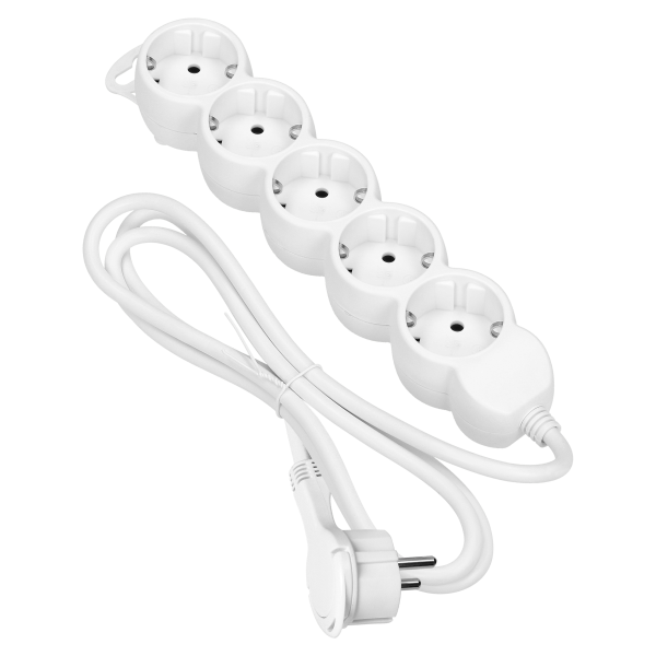 Przedłużacz 5-krotny 2P+Z (Schuko), 5m H05VV-F 3x1,5mm2, Imax=16A, płaska wtyczka, biały Przedłużacz 5-krotny 2P+Z (Schuko), 5m H05VV-F 3x1,5mm2, Imax=16A, płaska wtyczka, biały
