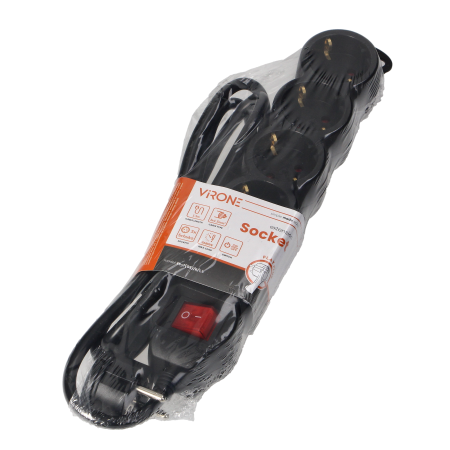 Extension sockets 5x 2P+E with switch, 1.5m, Schuko H05VV-F 3x1.5mm2, Imax=16A, black