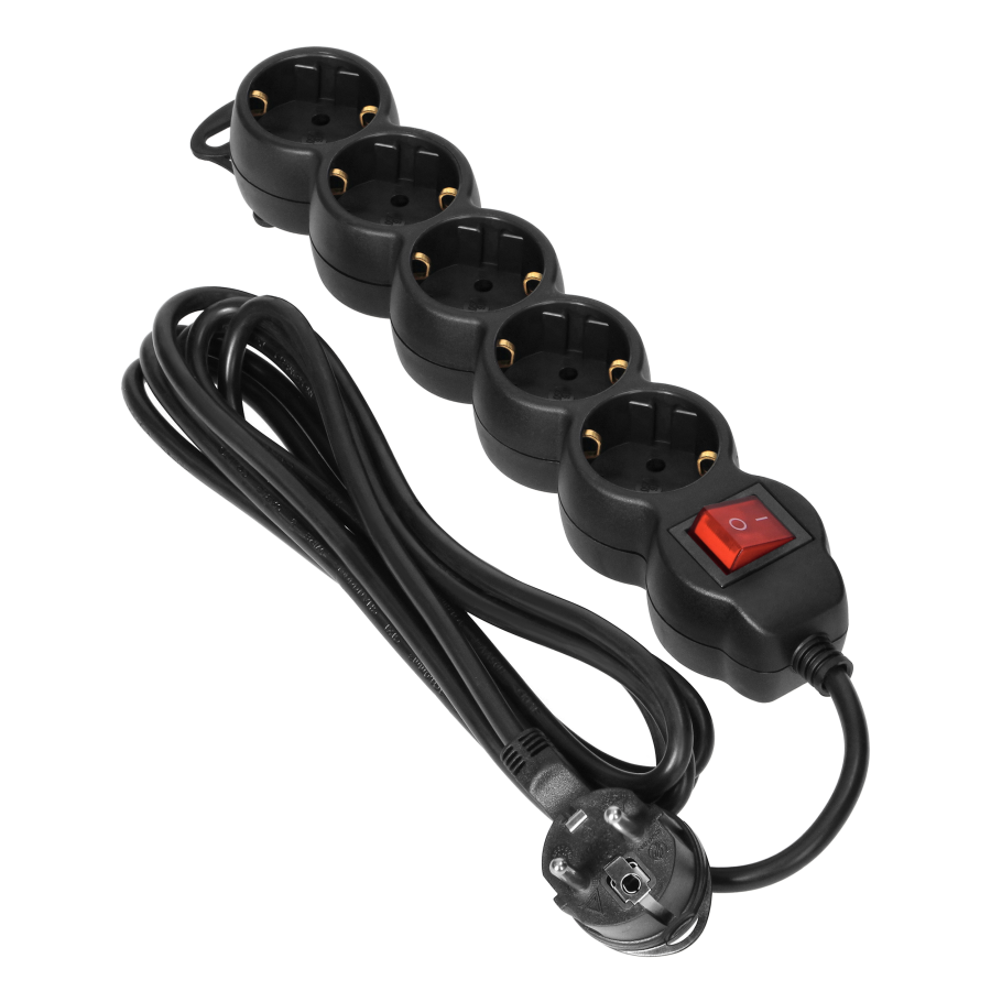 Extension sockets 5x 2P+E with switch, 3m, Schuko H05VV-F 3x1.5mm2, Imax=16A, black