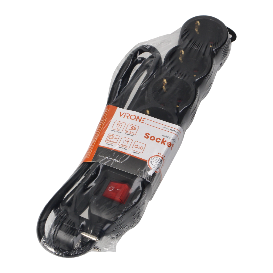 Extension sockets 5x 2P+E with switch, 5m, Schuko H05VV-F 3x1.5mm2, Imax=16A, black