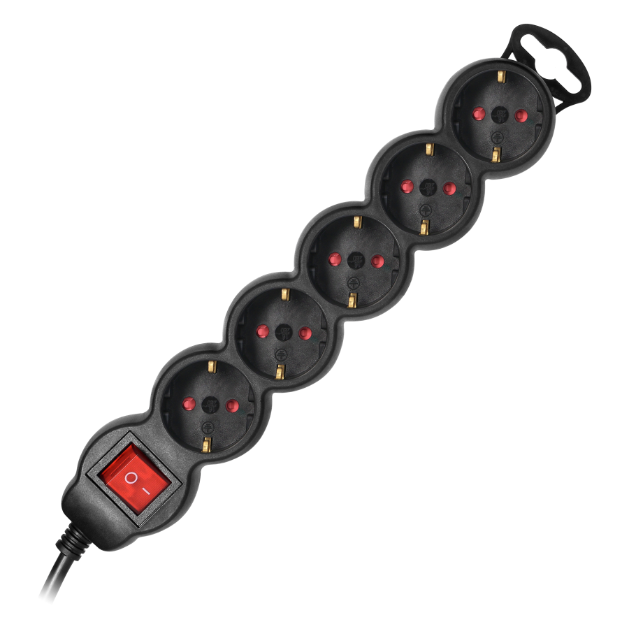 Extension sockets 5x 2P+E with switch, 5m, Schuko H05VV-F 3x1.5mm2, Imax=16A, black