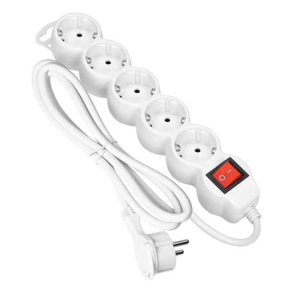 Przedłużacz 5-krotny 2P+Z (Schuko), z wyłącznikiem, 5m H05VV-F 3x1,5mm2, Imax 16A, płaska wtyczka, biały