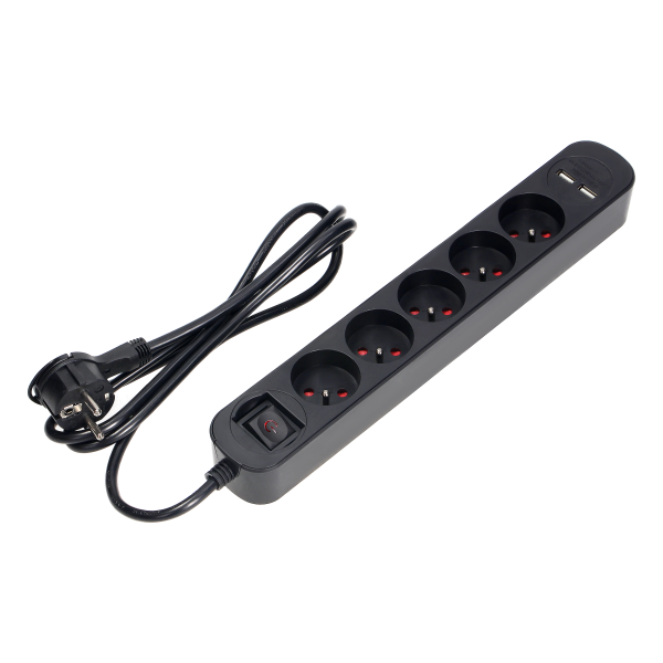 Listwa przeciwprzepięciowa, 5 gniazd 2P+Z (French), kabel 3x1,5mm2, długość 1,5m, z wyłącznikiem podświetlanym dwutorowym, 16A, 