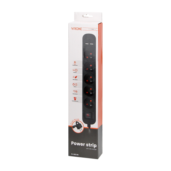 Power strip with surge protection and backlit main switch, 5 sockets 2P+E (French), 2 x USB chargers, cable 3x1,5mm², 1.5m long, Power strip with surge protection and backlit main switch, 5 sockets 2P+E (French), 2 x USB chargers, cable 3x1,5mm², 1.5m long,